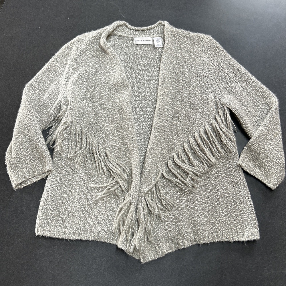 ALFRED DUNNER L Sweater Open Front with Fringe Gray Ivory Boucle 3/4 Sleeves